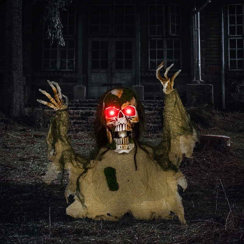 Outsunny Halloween Animated Skeleton with Glowing LED Eyes, Animatronic Halloween Decorations, Battery Operated