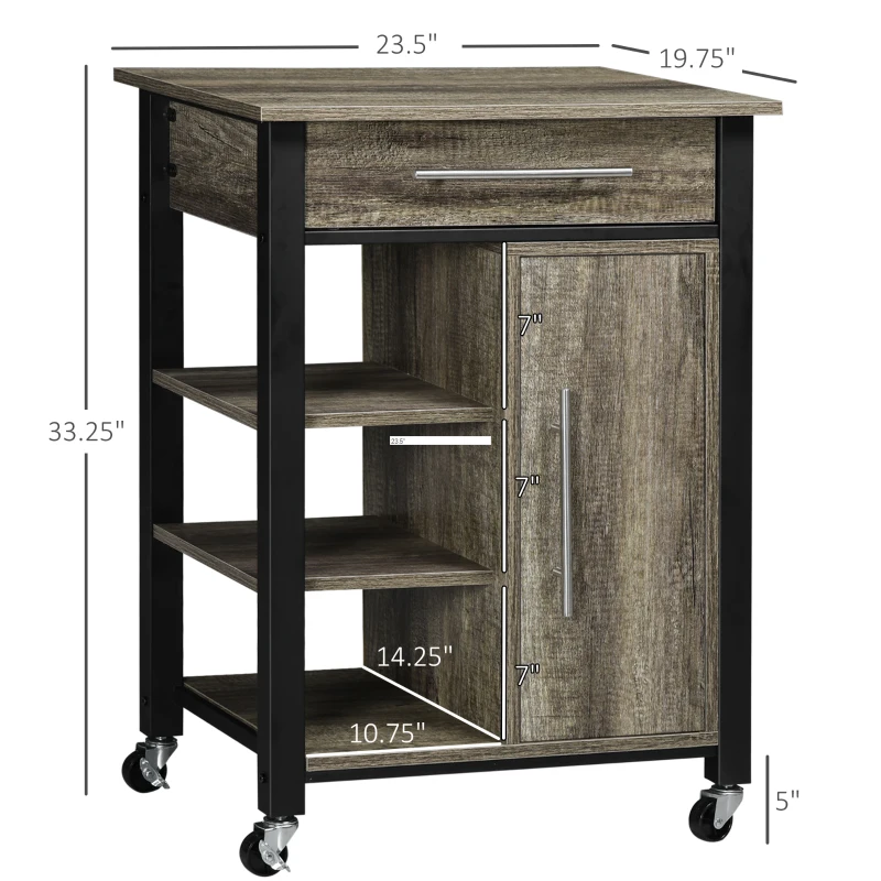 HOMCOM Kitchen Trolley Utility Cart on Wheels with Storage Shelves & Drawer for Dining Room, Dark Oak