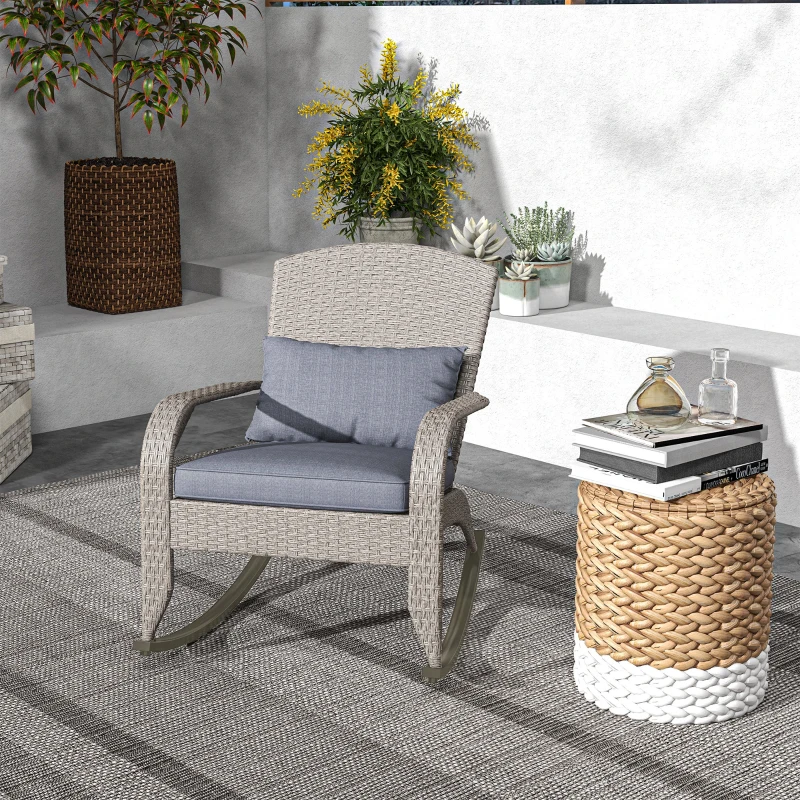 Outsunny Adirondack Chair, Outdoor Wicker Rocking Chair with High Back, Seat Cushion and Pillow for Porch, Balcony, Grey