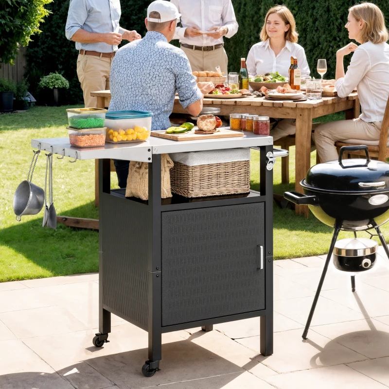 Outsunny Outdoor Grill Dining Cart with Stainless Steel Top, Pizza Oven Stand Table with Foldable Side Table, Silver