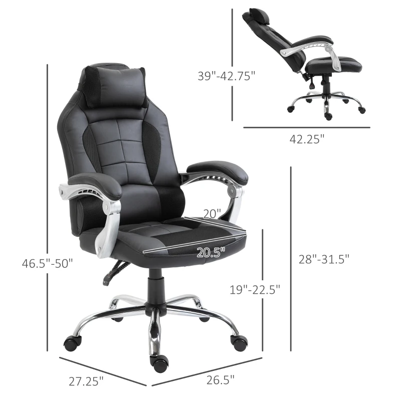 HOMCOM High Back Office Chair, Executive Racing Gaming Chair, Adjustable Recliner with Removable Headrest Pillow for Office, Black