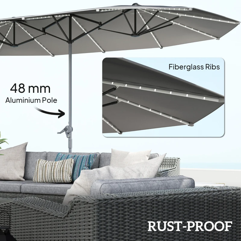 Outsunny 15ft Double-Sided Outdoor Umbrella with Solar Lights, UPF50+ Extra Large Aluminum Patio Umbrella with Crank, Dark Gray