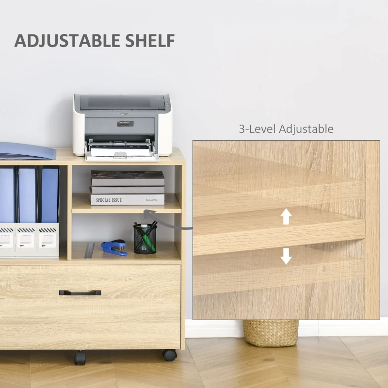 Vinsetto Lateral Filing Cabinet with Open Storage Shelf, Printer Stand, Mobile Office File Cabinet with Wheels for Letter and Legal Sized Files, Natural