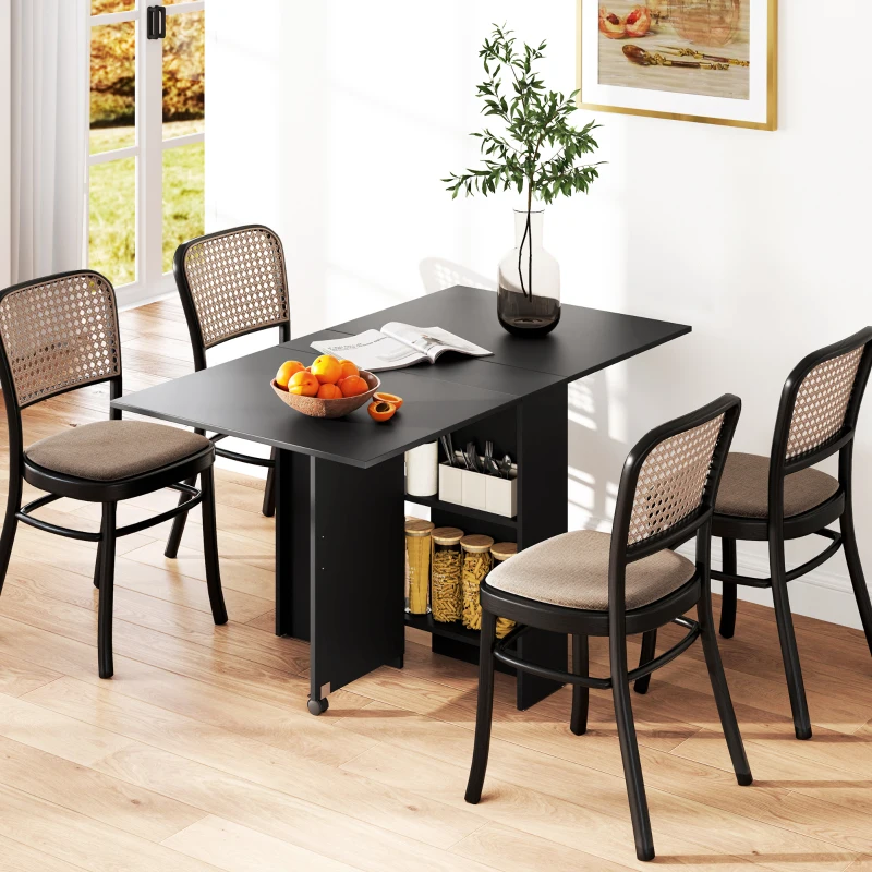 HOMCOM Extendable Dining Table, Collapsible Folding Table w/ 2-tier Shelves and Rolling Casters, Black