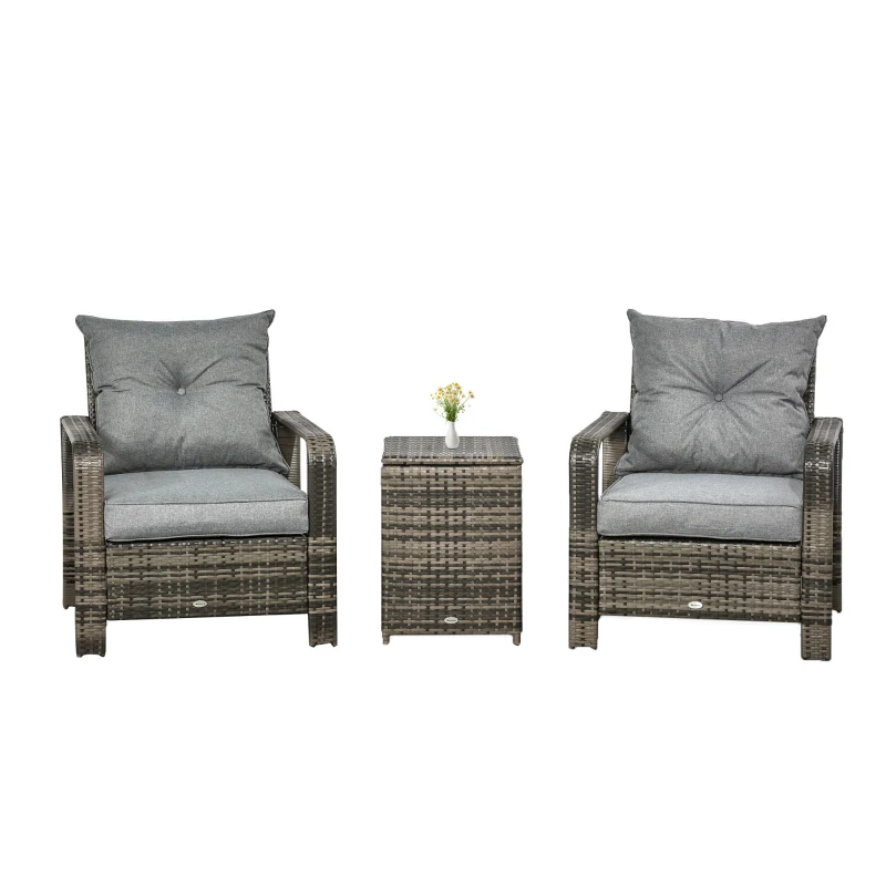 Outsunny 3 Pieces Wicker Patio Furniture Set, Rattan Bistro Set with Storage Coffee Table and Thickened Cushions, Outdoor Conversation Set for Garden, Porch, Balcony, Grey