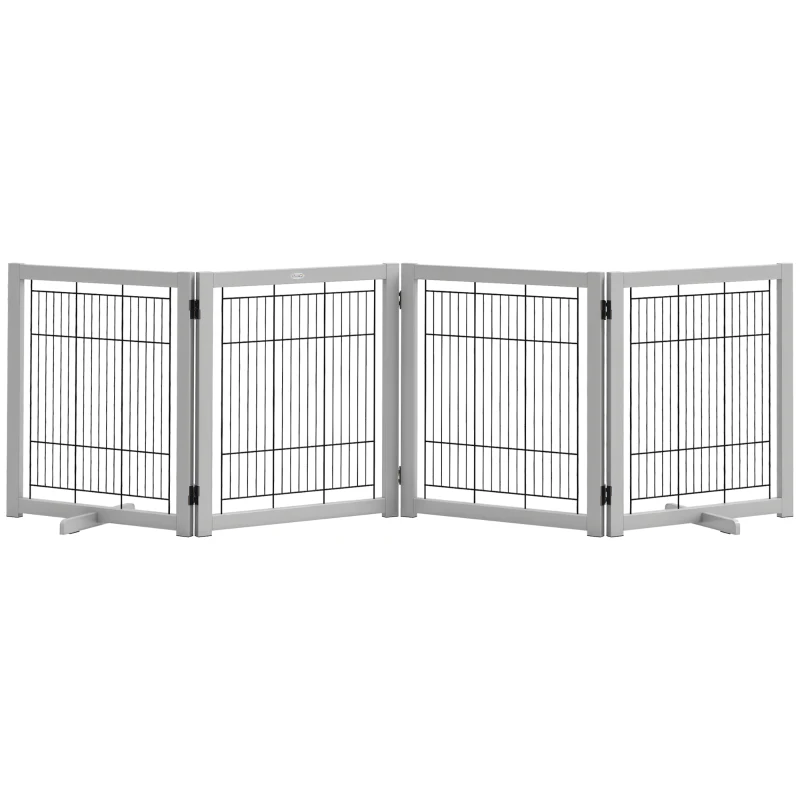 PawHut Wooden Dog Gate for Small & Medium Dogs 4 Panel w/ Support Feet Foldable Pet Fence for House Doorway Light Grey