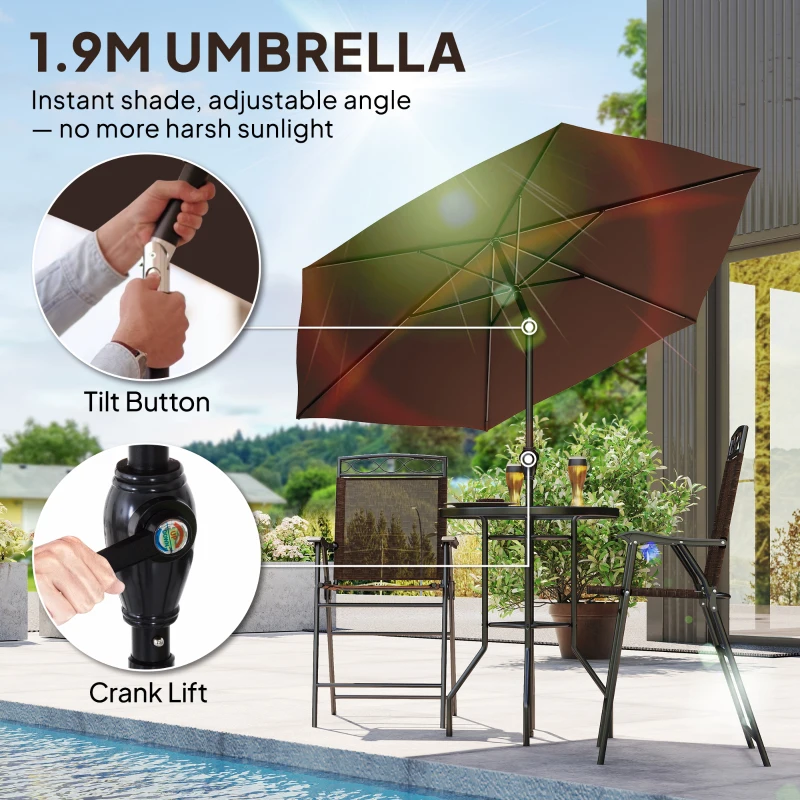 Outsunny 4 Piece Outdoor Bar Set with Umbrella, Patio Dining Set with 2 Folding Chairs, Wave Textured Tempered Glass Table for Backyard, Garden, Deck, Poolside, Brown