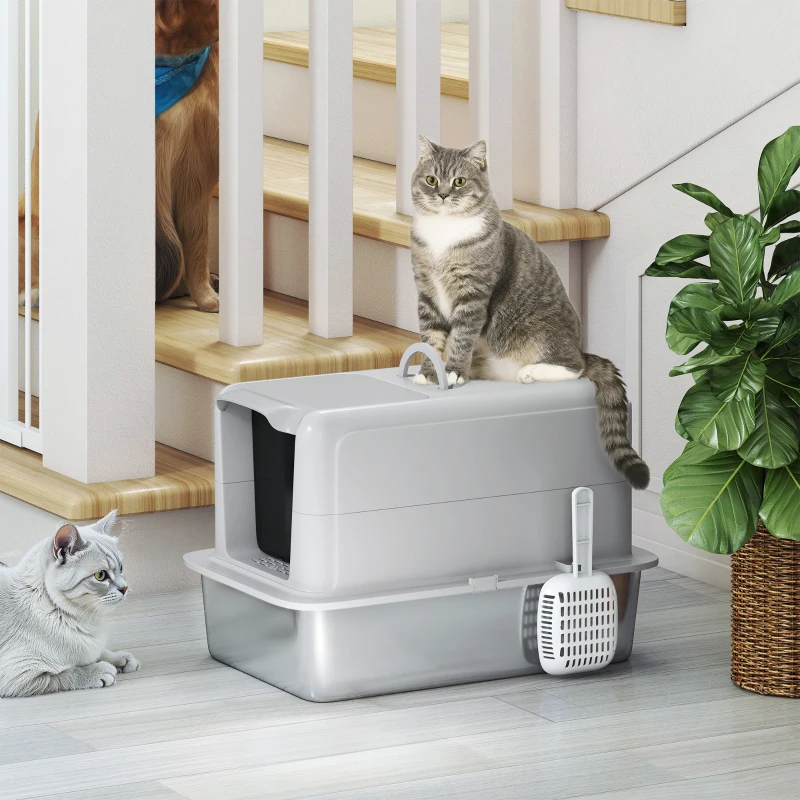 PawHut 2 in 1 Stainless Steel Cat Litter Box with Removable Lid, Scoop, Filter Bags, for Small to Large Cats, Gray