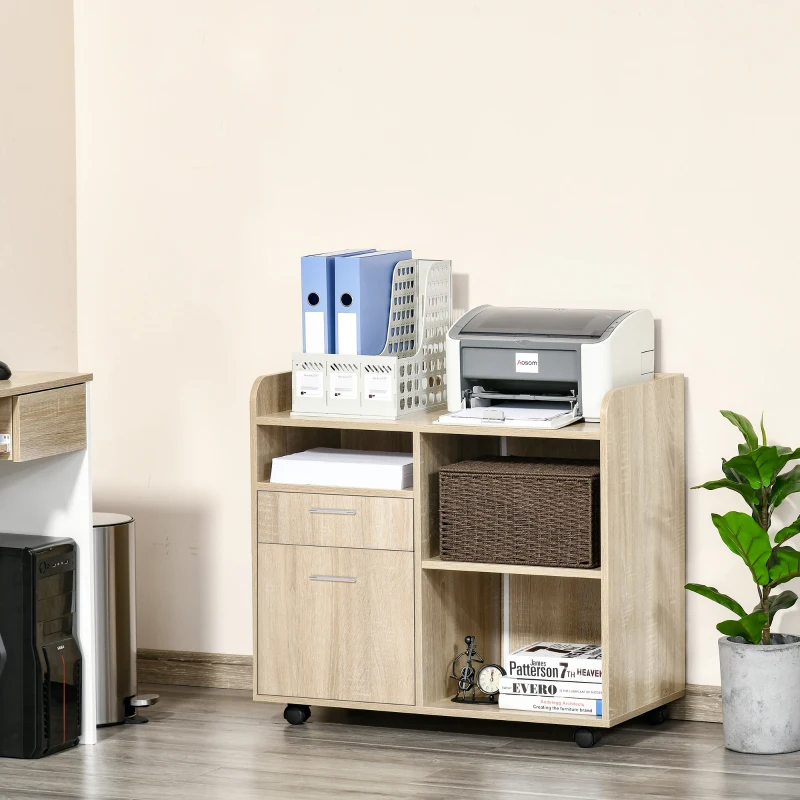 Vinsetto Lateral Filing Cabinet, Printer Stand with Wheels, Mobile File Cabinet with Drawer for Letter or A4 File, Home Office, Oak