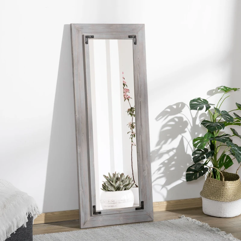HOMCOM 59" x 23.5" Farmhouse Full Length Mirror, Wall Mount and Leaner Floor Mirror, Vertical and Horizontal for Bedroom, Grey
