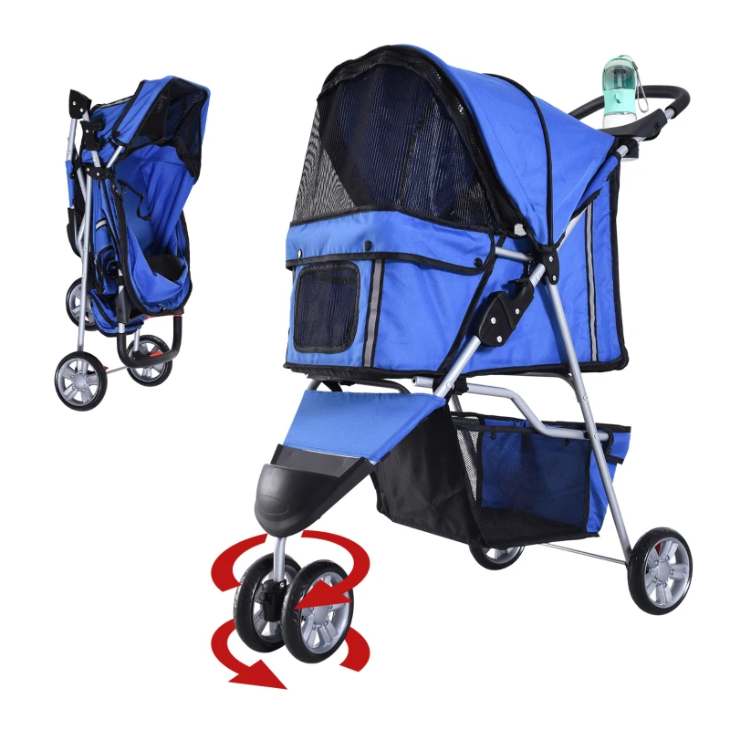 PawHut 3 Wheels Foldable Dog Stroller with Storage Basket, Adjustable Canopy, Cupholder for Miniature and Small Dogs, Blue