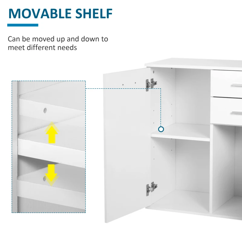 HOMCOM High Gloss Sideboard with 2 Drawers and 2 Doors, Buffet Cabinet with Adjustable Shelf, Coffee Bar Cabinet with Storage, White
