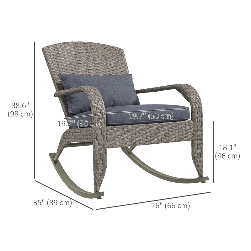 Outsunny Adirondack Chair, Outdoor Wicker Rocking Chair with High Back, Seat Cushion and Pillow for Porch, Balcony, Grey
