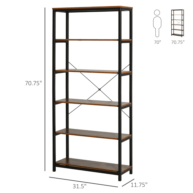 HOMCOM Retro Industrial Bookcase Storage Shelf Closet Floor Standing Display Rack with 6 Tiers, Metal Frame for Living Room & Study