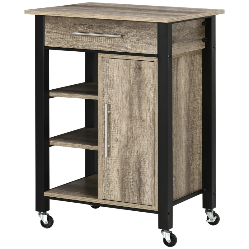 HOMCOM Kitchen Trolley Utility Cart on Wheels with Storage Shelves & Drawer for Dining Room, Dark Oak