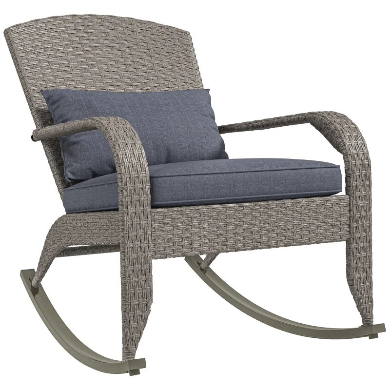 Outsunny Adirondack Chair, Outdoor Wicker Rocking Chair with High Back, Seat Cushion and Pillow for Porch, Balcony, Grey