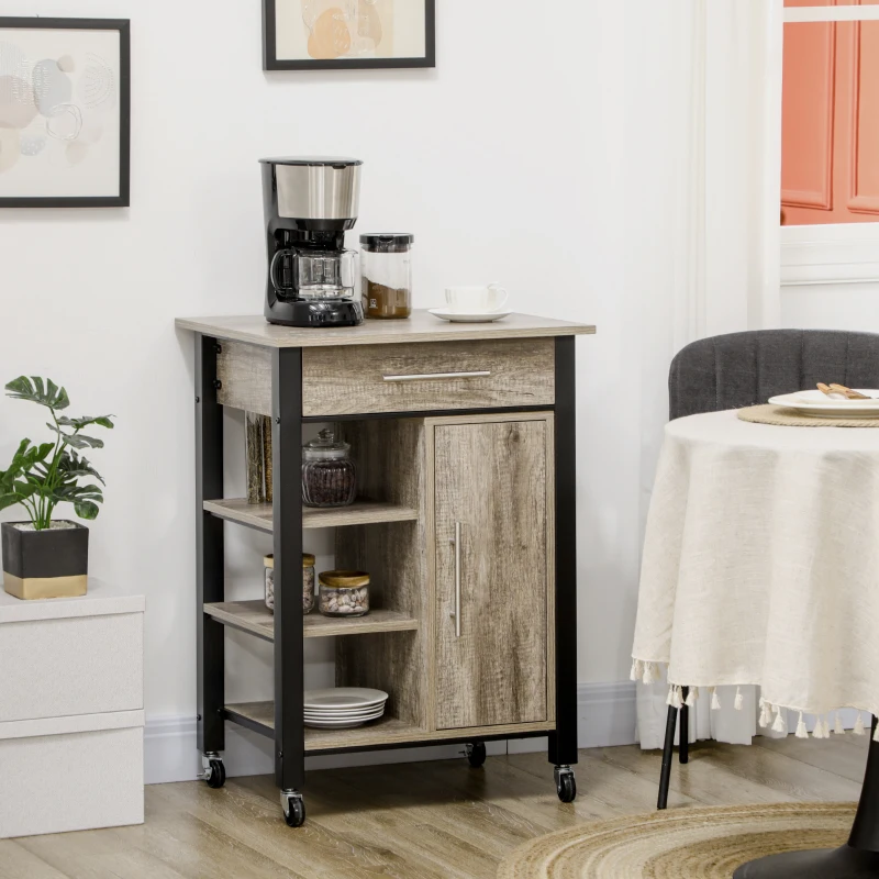 HOMCOM Kitchen Trolley Utility Cart on Wheels with Storage Shelves & Drawer for Dining Room, Dark Oak
