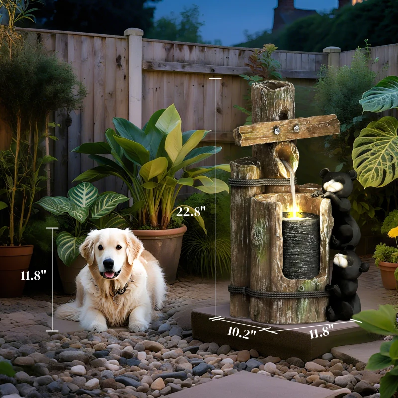 Outsunny 22.8" Water Fountain, 3-Tier Resin Bears on Log Outdoor Waterfall Fountain with LED Lights, Pump