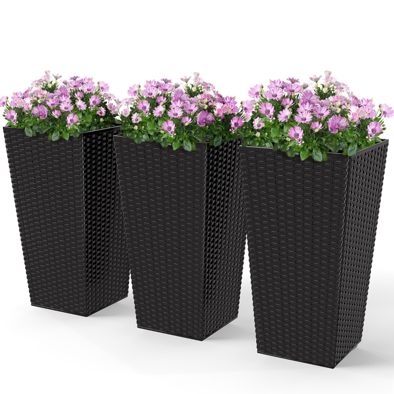 Outsunny Tall Planters for Outdoor Plants Set of 3, 24 In Taper Planters with Drainage Holes, Rattan Decor Plant Pots for Indoor Outdoor Front Porch Patio Backyard, Black