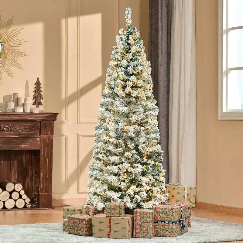 HOMCOM 6ft Prelit Artificial Pencil Christmas Tree, Snow Flocked Slim Xmas Tree with Warm White LED Lights - Green