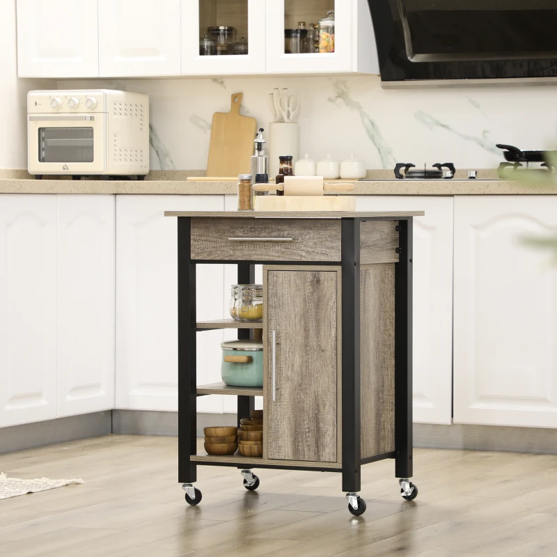 HOMCOM Kitchen Trolley Utility Cart on Wheels with Storage Shelves & Drawer for Dining Room, Dark Oak