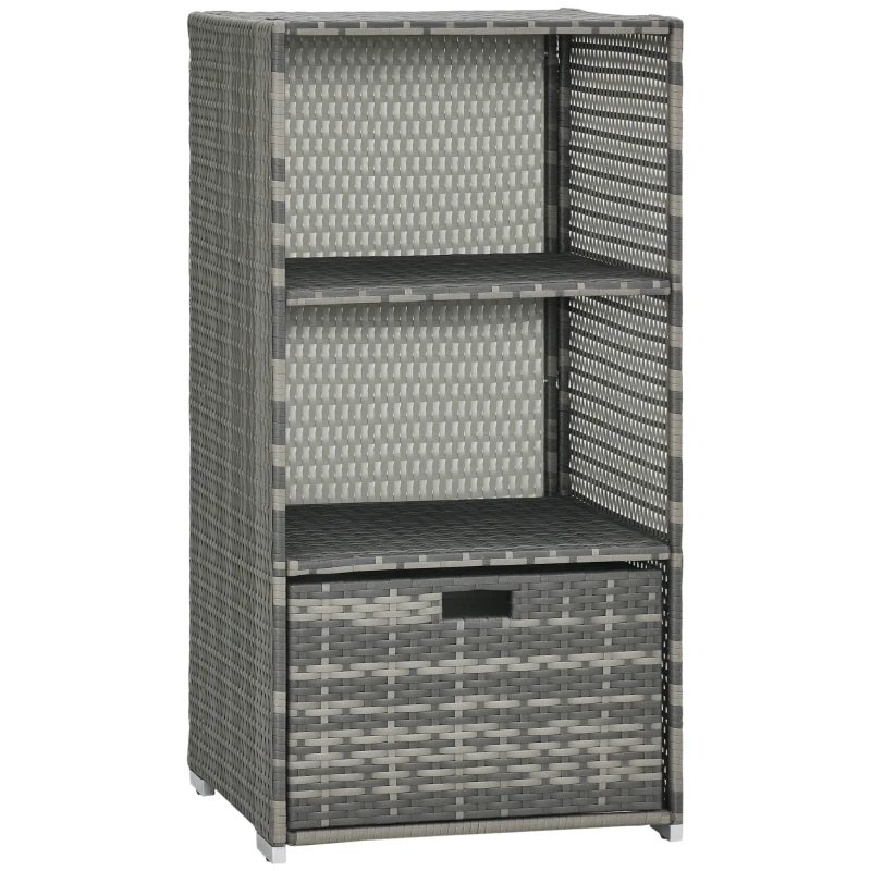 Outsunny Outdoor Storage Cabinet, Patio Storage Box Rack Rattan Wicker Pool Towel Valet Organizer Poolside Garden Lawn Bathroom Furniture Shelf w/ Shelf Drawer, Mixed Grey