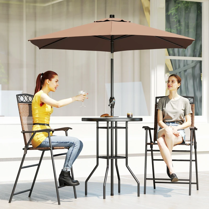 Outsunny 4 Piece Outdoor Bar Set with Umbrella, Patio Dining Set with 2 Folding Chairs, Wave Textured Tempered Glass Table for Backyard, Garden, Deck, Poolside, Brown