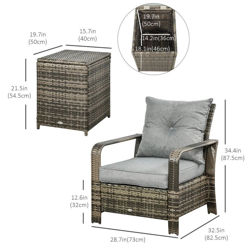 Outsunny 3 Pieces Wicker Patio Furniture Set, Rattan Bistro Set with Storage Coffee Table and Thickened Cushions, Outdoor Conversation Set for Garden, Porch, Balcony, Grey