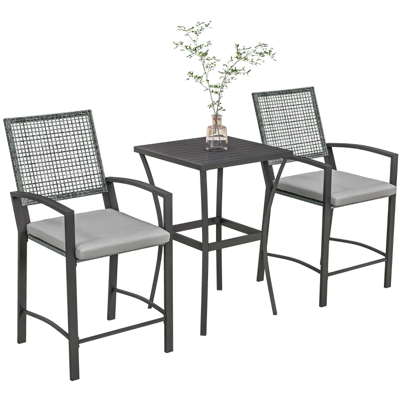 Outsunny 3pc Rattan Patio Bar Table and Bar Chairs w/ Cushions Home Bar Furniture