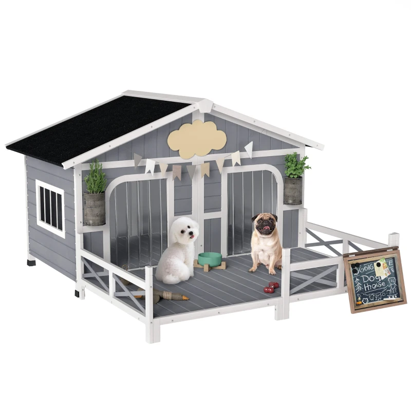 PawHut Dog House Outdoor, Wooden Dog Kennel Weatherproof with Porch, Openable Roof, Removable Bottom, Elevated Floor, Double Room for 2 Small to Medium Breeds, Gray