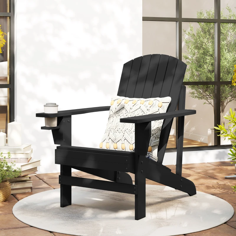 Outsunny Oversized Adirondack Chair, Outdoor Fire Pit and Porch Seating, Classic Log Lounge w/ Built-in Cupholder, Black