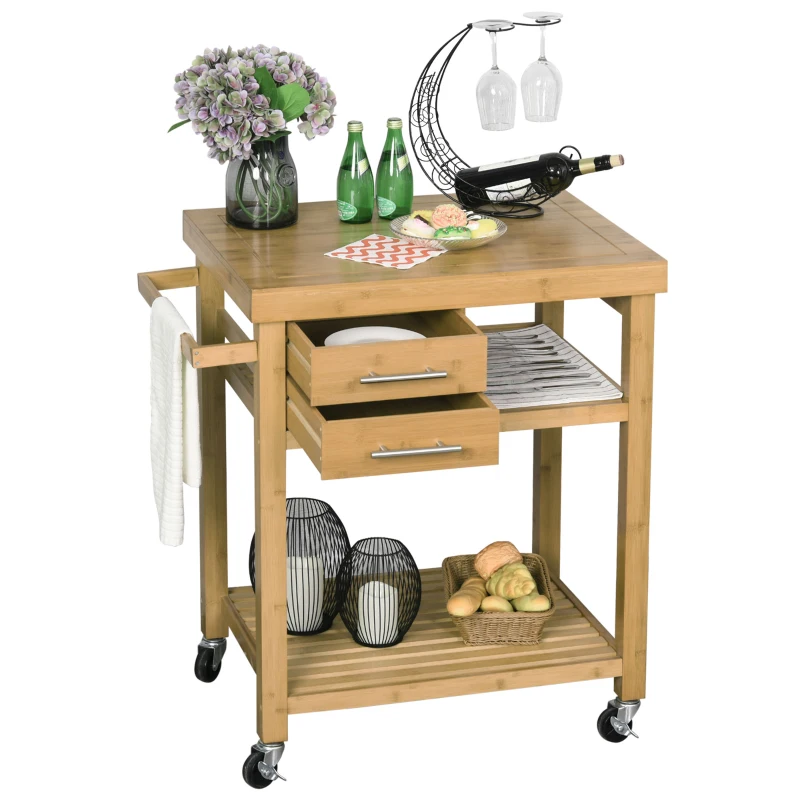 HOMCOM Bamboo Rolling Kitchen Island Trolley with Drawers & Shelves