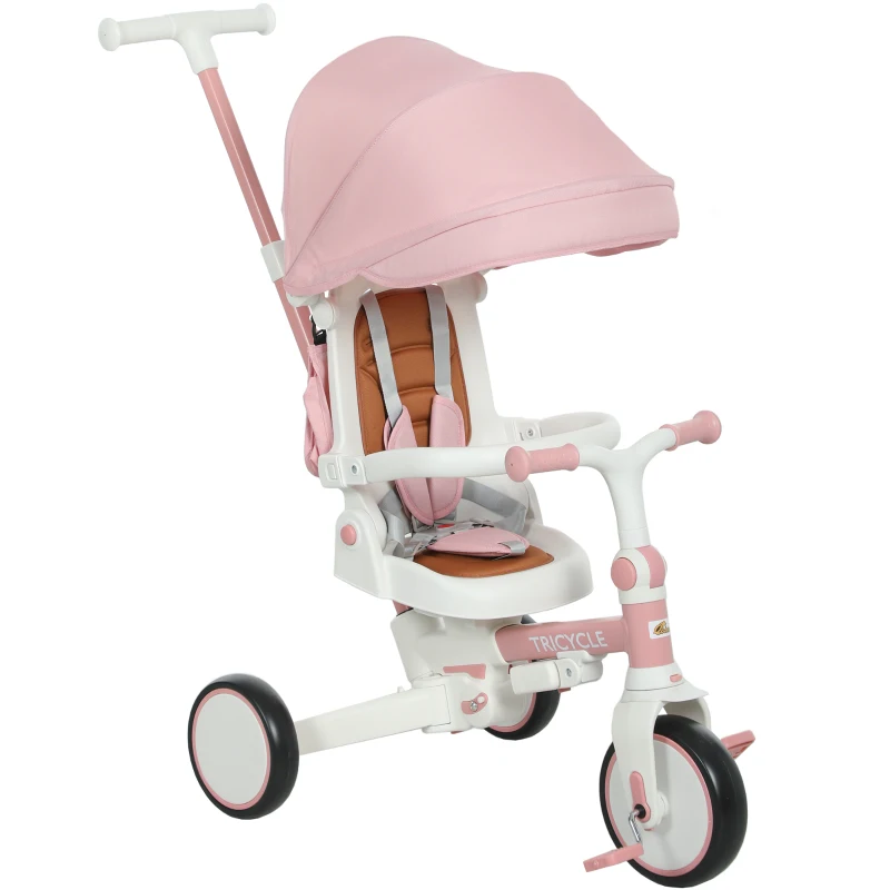 Qaba 7 in 1 Toddler Tricycle with Safety Harness, Adjustable & Removable Parent Handle, Canopy, Storage Bag, Brake, Pink