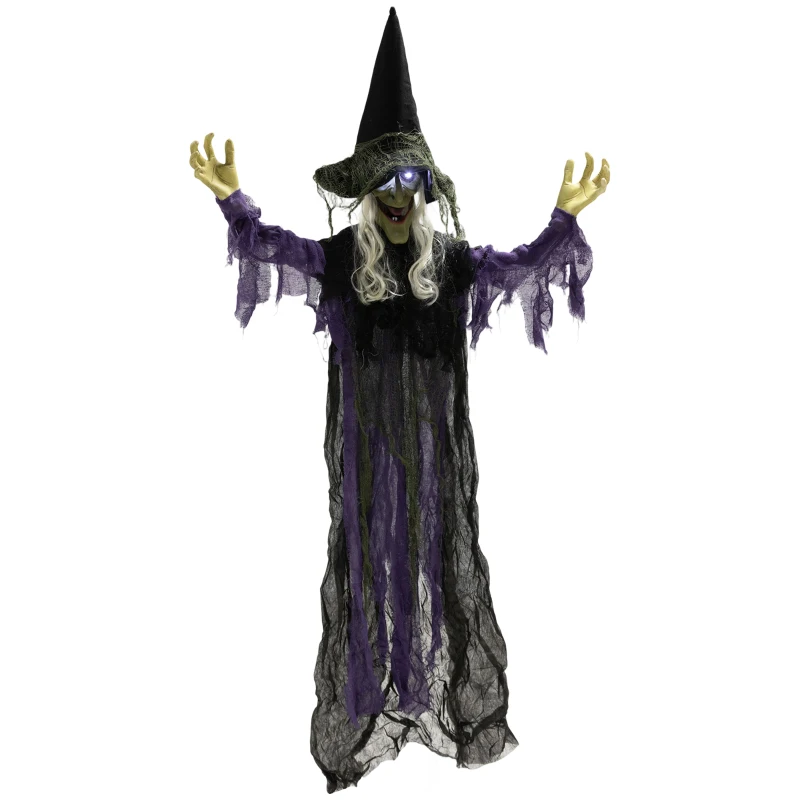 Outsunny Life Size Halloween Animated Hanging Witch with Glowing LED Eyes, Scary Halloween Decorations, Battery Operated