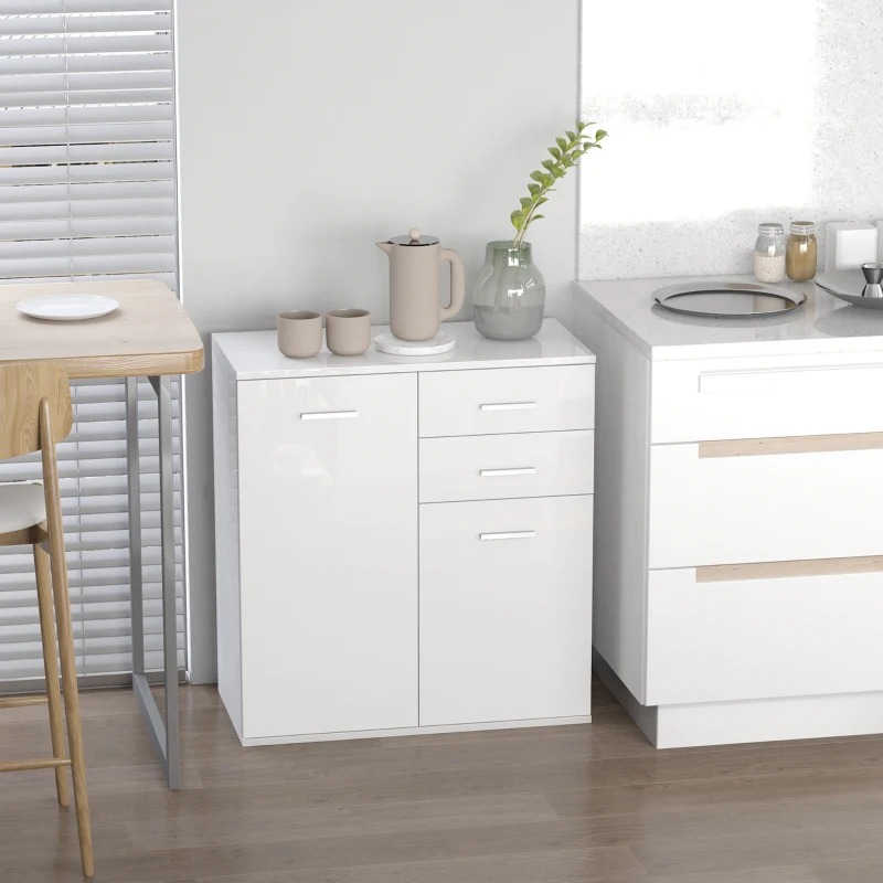 HOMCOM High Gloss Sideboard with 2 Drawers and 2 Doors, Buffet Cabinet with Adjustable Shelf, Coffee Bar Cabinet with Storage, White