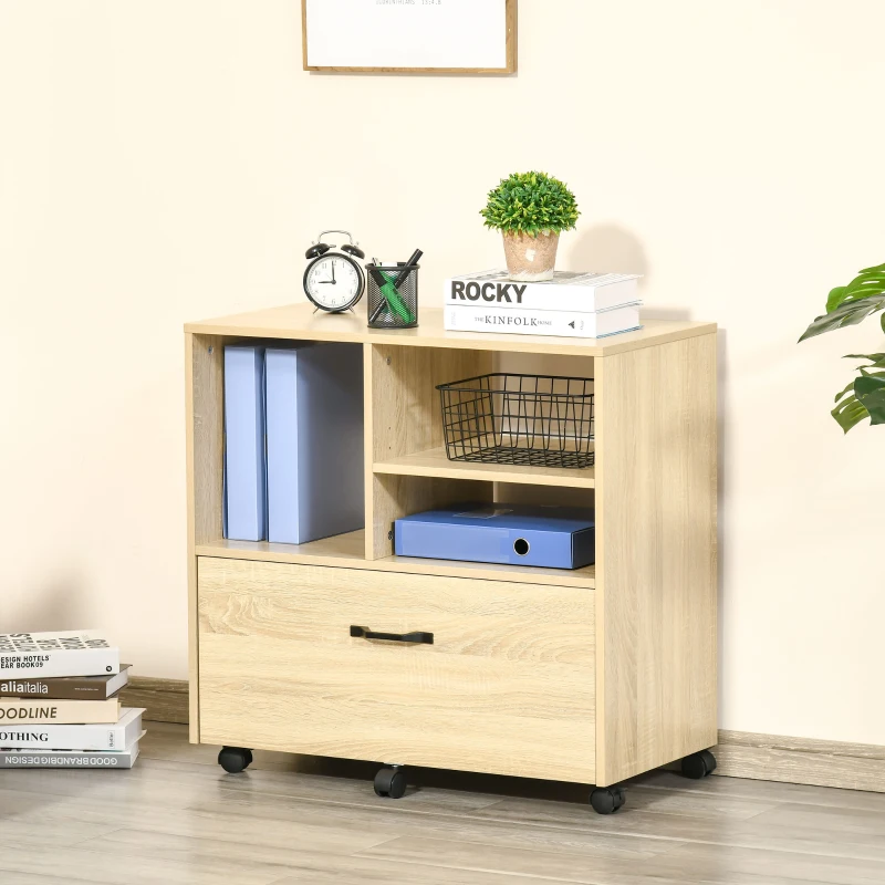 Vinsetto Lateral Filing Cabinet with Open Storage Shelf, Printer Stand, Mobile Office File Cabinet with Wheels for Letter and Legal Sized Files, Natural