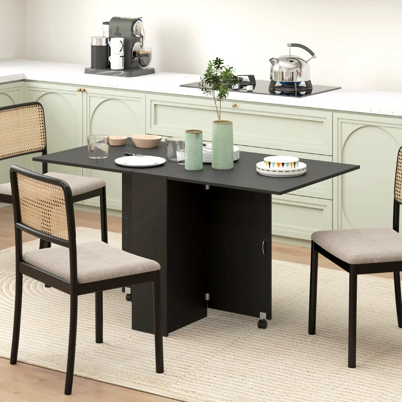 HOMCOM Extendable Dining Table, Collapsible Folding Table w/ 2-tier Shelves and Rolling Casters, Black