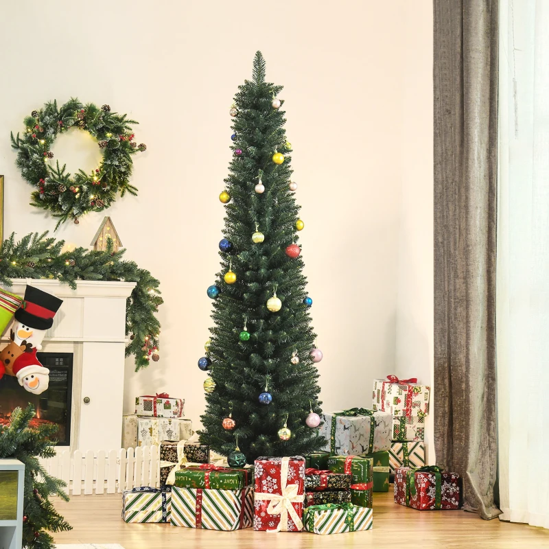 HOMCOM 6FT Artificial Christmas Tree Xmas Pencil Tree Holiday Home Indoor Decoration with Foldable Black Stand for Party, Green