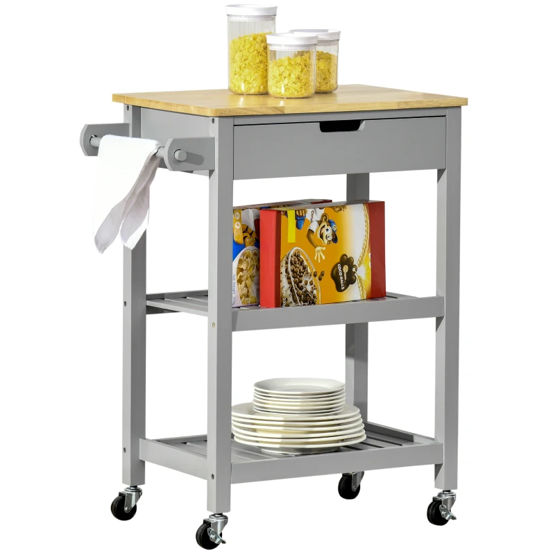 HOMCOM Rolling Kitchen Cart, Utility Storage Cart with Drawer, 2 Slatted Shelves and Towel Rack for Dining Room, Grey