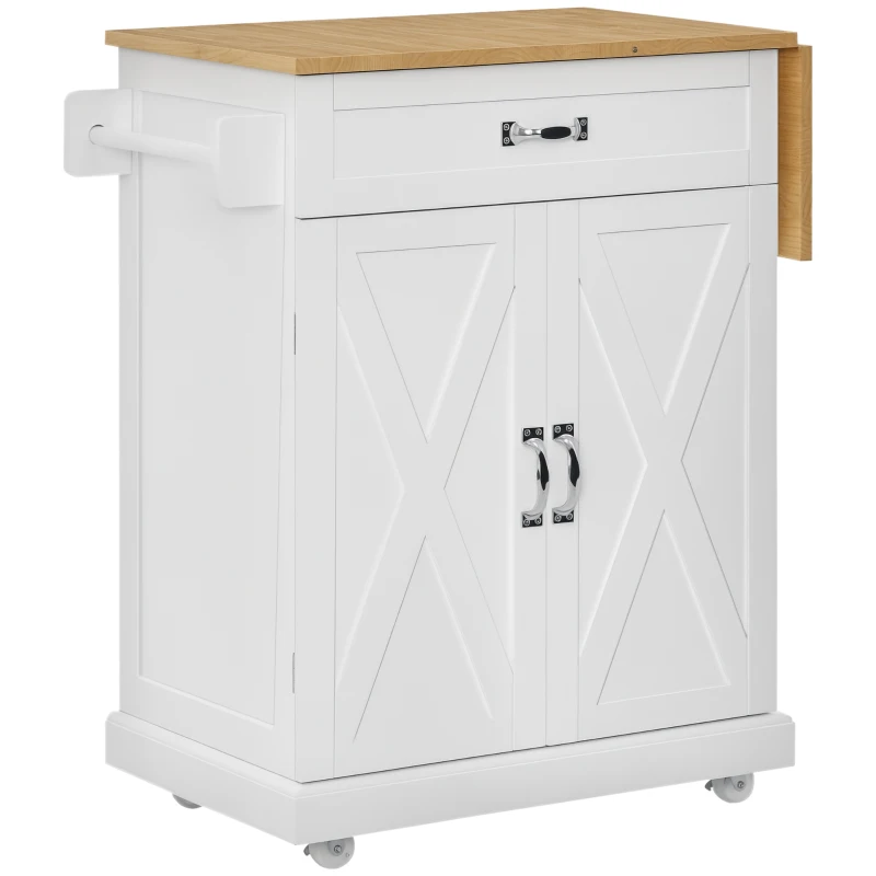 HOMCOM Foldable Kitchen Island with Storage Drawer, Farmhouse Style Rolling Utility Cart, Coffee Bar Cabinet on Wheels with Drop-Leaf Wood Top, White