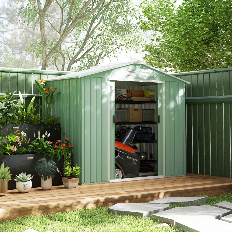 Outsunny 7' x 4' Outdoor Storage Shed, Garden Tool House w/ Foundation Kit Vents & Sliding Doors for Backyard Patio, Light Green