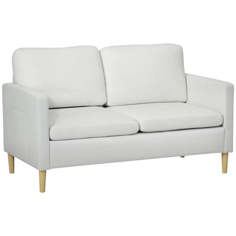 HOMCOM 56" 2 Seat Sofa, Modern Love Seats Furniture, Upholstered 2 Seater Couch with Side Pockets, Solid Steel Frame, White