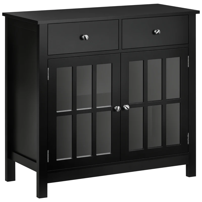 HOMCOM Sideboard Buffet Cabinet, Accent Kitchen Cabinet with Glass Doors, Shelf and 2 Drawers, Black