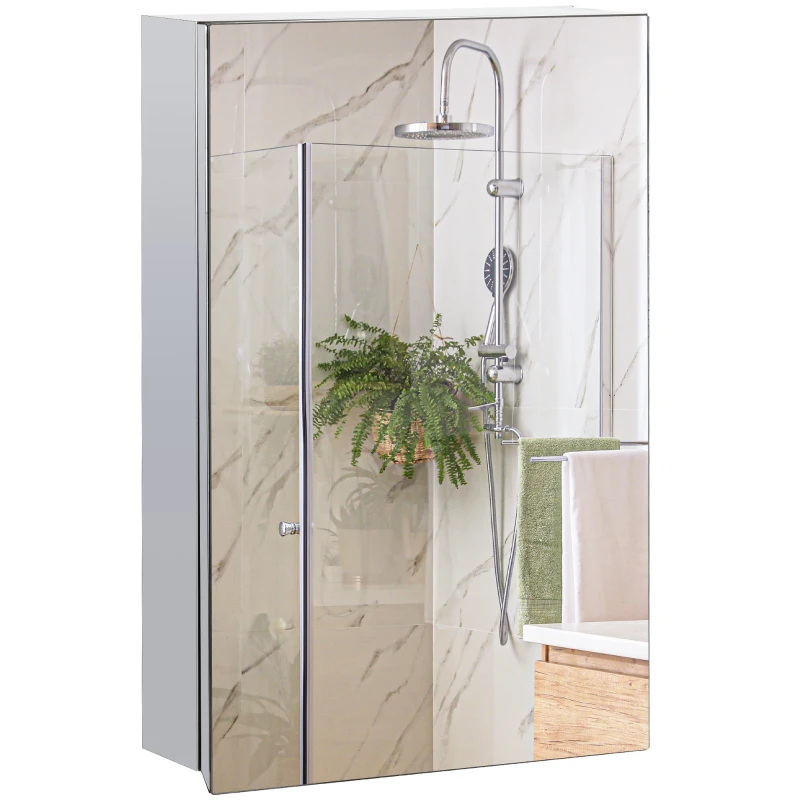 kleankin Wall Mounted Bathroom Medicine Cabinet Mirrored Cabinet with Hinged Door 3-Tier Storage Shelves Silver