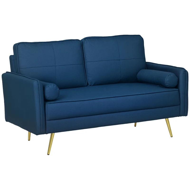 HOMCOM 56" Loveseat Sofa for Bedroom Upholstered 2 Seater Couch with Back Cushions and Pillows, Blue