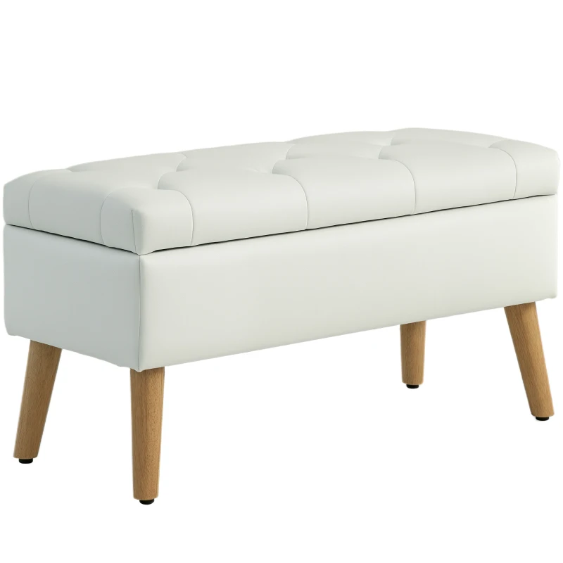 HOMCOM Storage Ottoman with Lid, Velvet Upholstered Storage Bench with Wood Legs for Living Room, Cream White