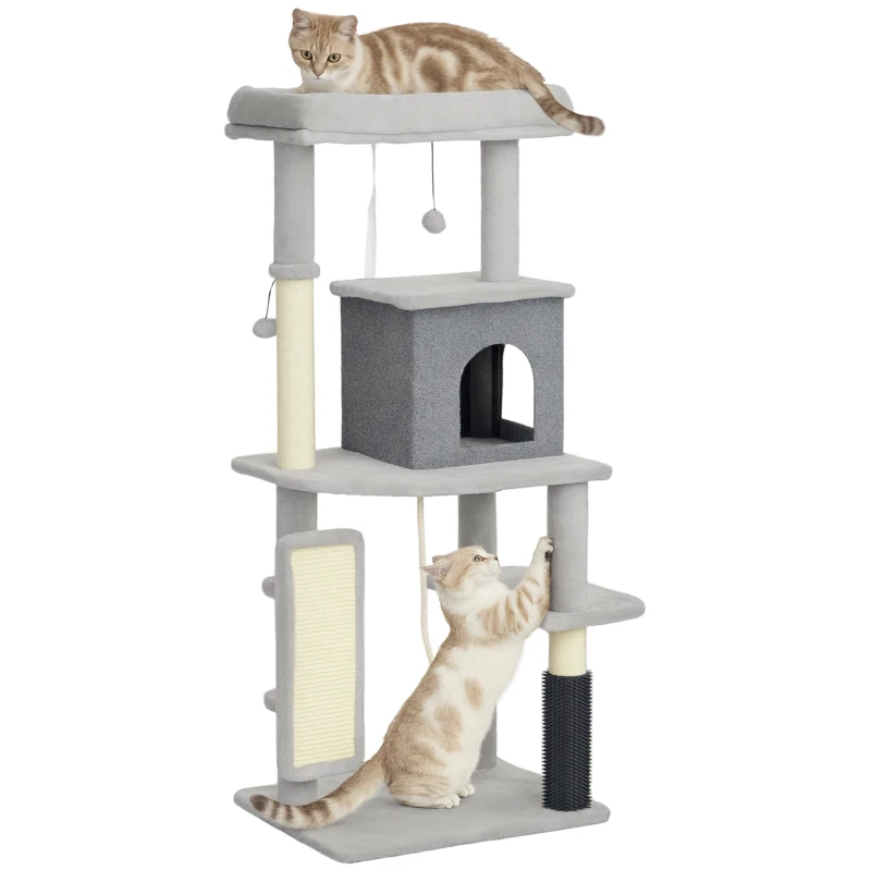 PawHut 52 Inch Cat Tree with Scratching Posts, Cat Bed, Condo, Grooming Brush, Jumping Platforms, Toy Balls, Anti-tip Kit