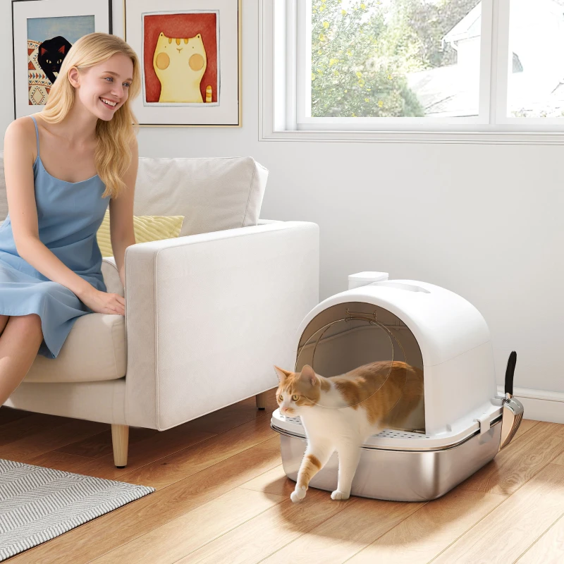 PawHut Enclosed Stainless Steel Litter Box, Metal Cat Litter Box with Scoop, Deodorizer Bag, Handle, Easy to Clean