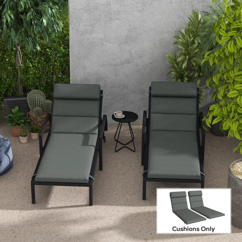 Outsunny Patio Chaise Lounge Chair Cushions Replacement Sun Lounger Pads with Headrest and Ties, Set of 2, Grey