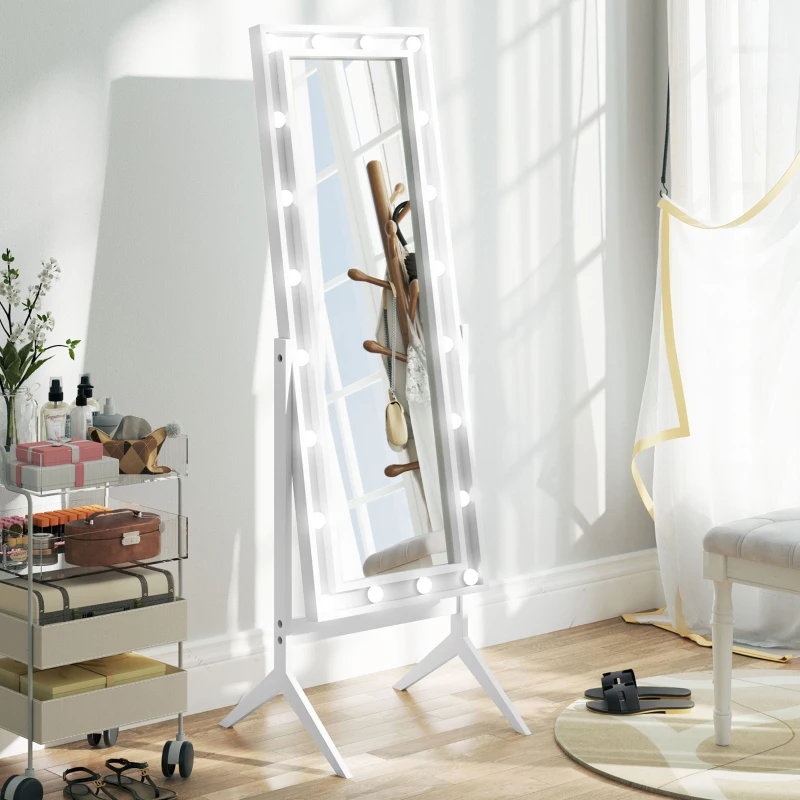 HOMCOM Free Standing Mirror with Lights and Adjustable Angles 60" x 18" Floor Mirror with Frame for Bedroom Living Room, White